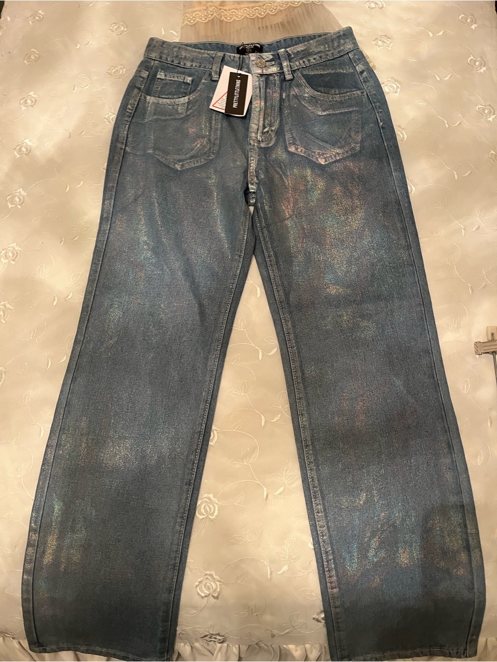 NWT PrettyLittleThing Petite Holographic/Iridescent Blue Wide-Leg Jeans